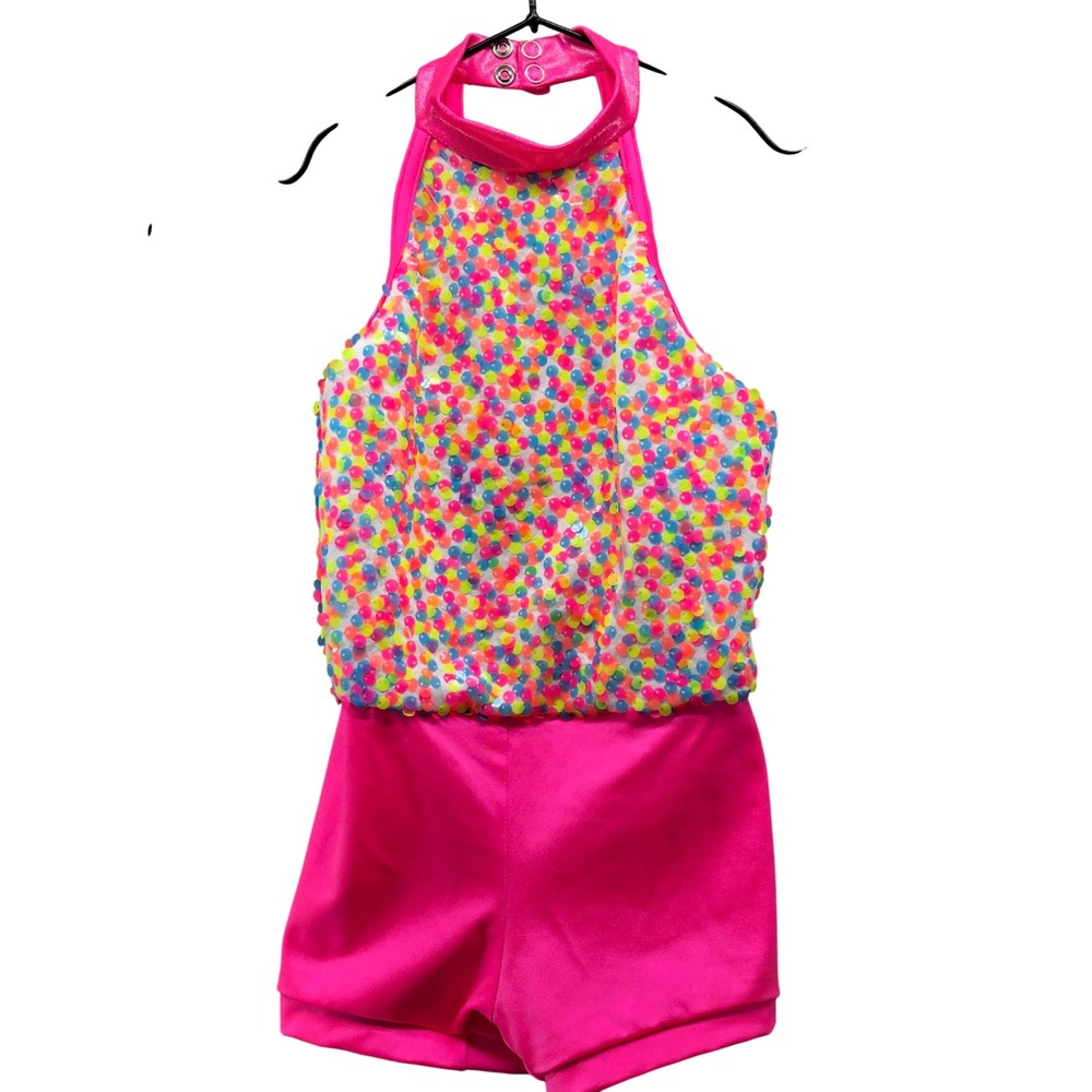 Weissman Dance Romper Girls 6 (SC) Pink Polka Dot Sequin Biketard Leotard